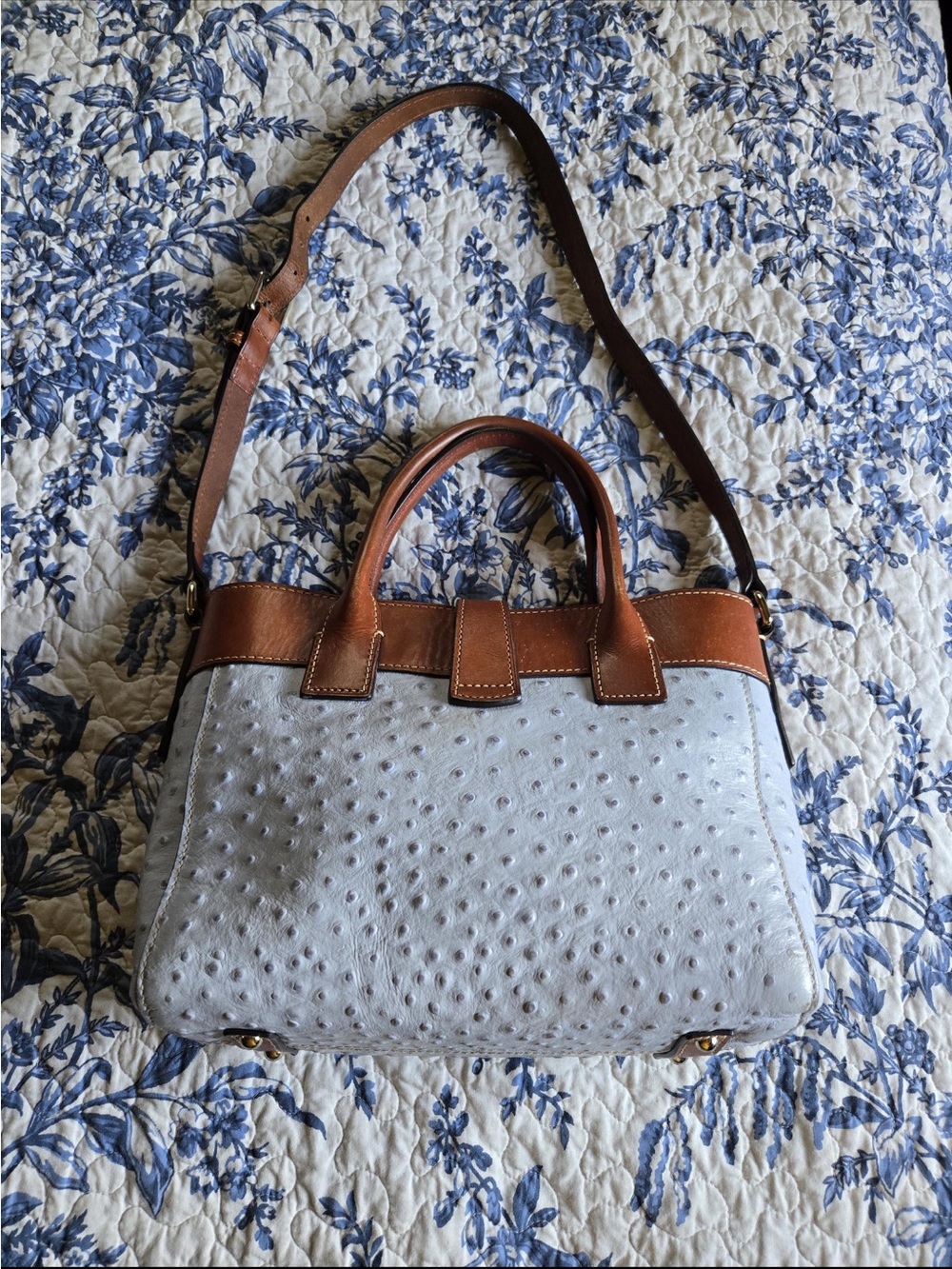 Dooney & Bourke
Beautiful light blue Ostrich 
Leather Satchel with Brown Triim - Picture 3 of 16